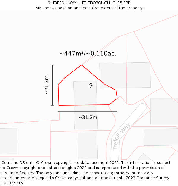 9, TREFOIL WAY, LITTLEBOROUGH, OL15 8RR: Plot and title map