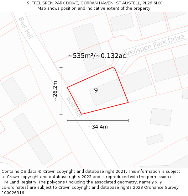 9, TRELISPEN PARK DRIVE, GORRAN HAVEN, ST AUSTELL, PL26 6HX: Plot and title map