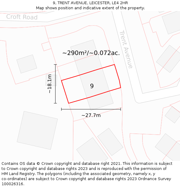 9, TRENT AVENUE, LEICESTER, LE4 2HR: Plot and title map