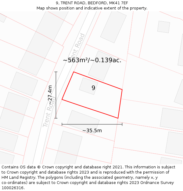 9, TRENT ROAD, BEDFORD, MK41 7EF: Plot and title map