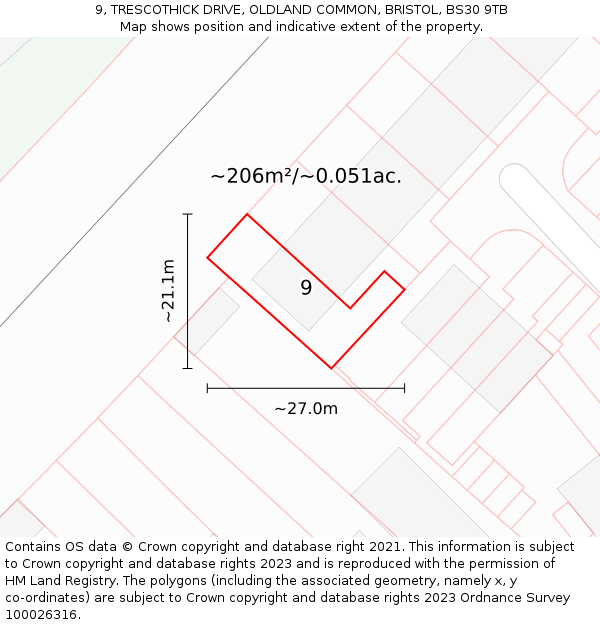 9, TRESCOTHICK DRIVE, OLDLAND COMMON, BRISTOL, BS30 9TB: Plot and title map