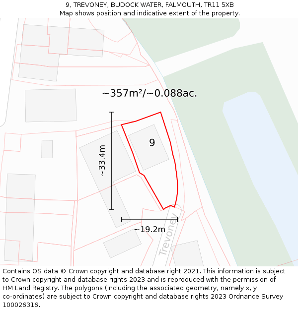 9, TREVONEY, BUDOCK WATER, FALMOUTH, TR11 5XB: Plot and title map