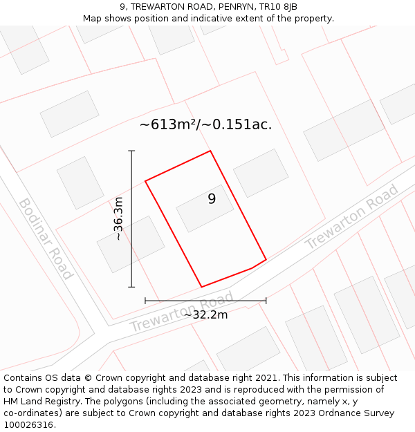 9, TREWARTON ROAD, PENRYN, TR10 8JB: Plot and title map