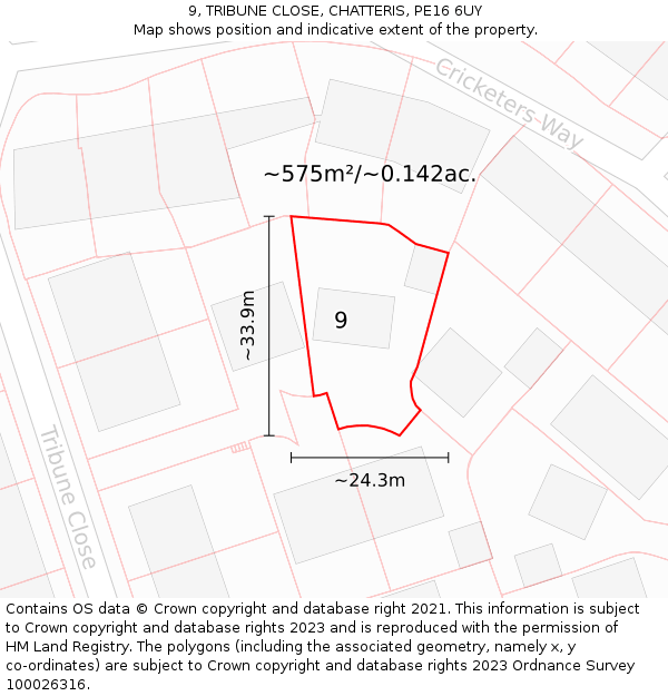 9, TRIBUNE CLOSE, CHATTERIS, PE16 6UY: Plot and title map