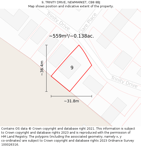 9, TRINITY DRIVE, NEWMARKET, CB8 8BJ: Plot and title map