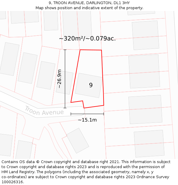 9, TROON AVENUE, DARLINGTON, DL1 3HY: Plot and title map