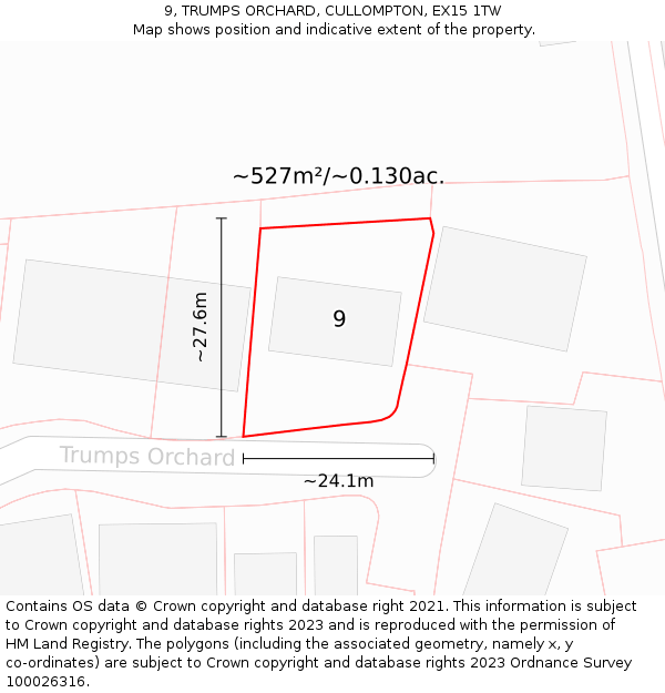 9, TRUMPS ORCHARD, CULLOMPTON, EX15 1TW: Plot and title map