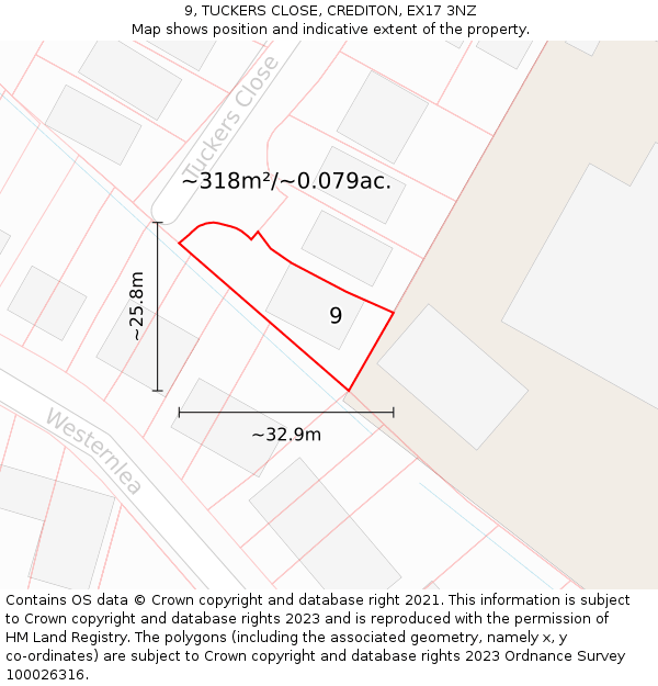 9, TUCKERS CLOSE, CREDITON, EX17 3NZ: Plot and title map