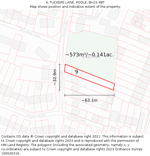 9, TUCKERS LANE, POOLE, BH15 4BT: Plot and title map