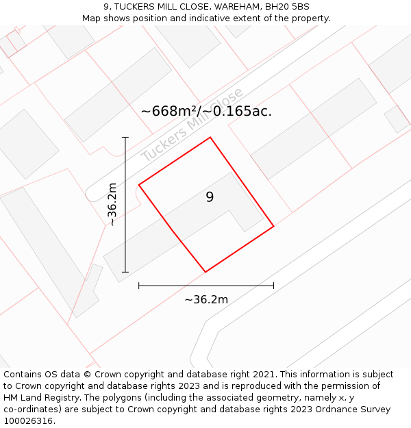 9, TUCKERS MILL CLOSE, WAREHAM, BH20 5BS: Plot and title map