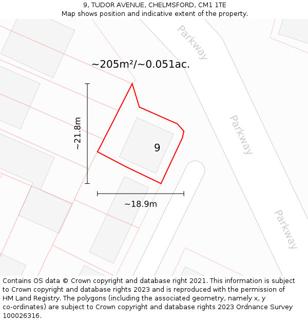 9, TUDOR AVENUE, CHELMSFORD, CM1 1TE: Plot and title map