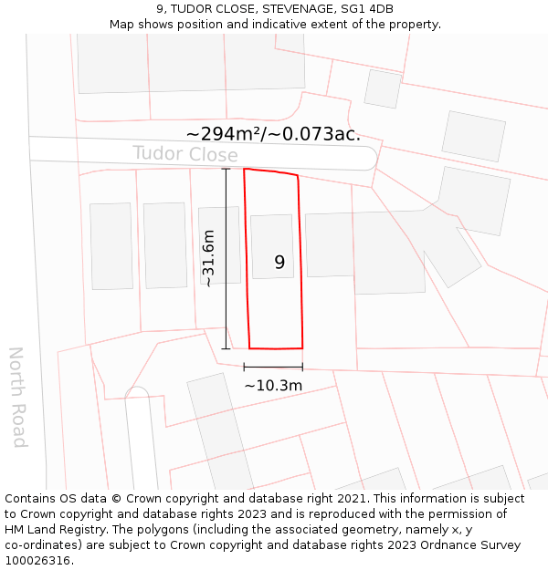 9, TUDOR CLOSE, STEVENAGE, SG1 4DB: Plot and title map