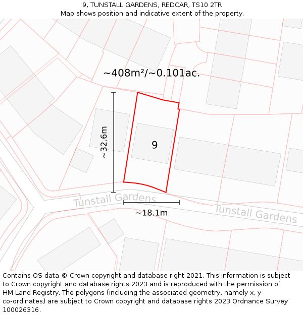 9, TUNSTALL GARDENS, REDCAR, TS10 2TR: Plot and title map