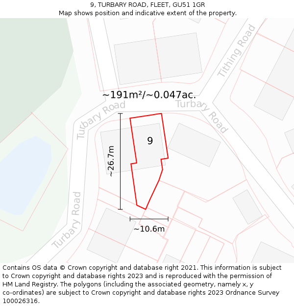 9, TURBARY ROAD, FLEET, GU51 1GR: Plot and title map