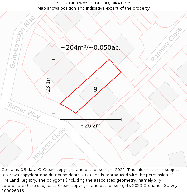 9, TURNER WAY, BEDFORD, MK41 7LY: Plot and title map