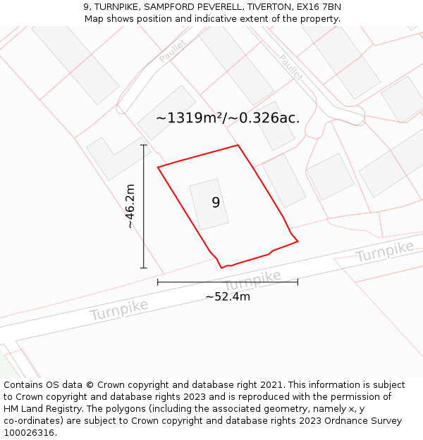 9, TURNPIKE, SAMPFORD PEVERELL, TIVERTON, EX16 7BN: Plot and title map