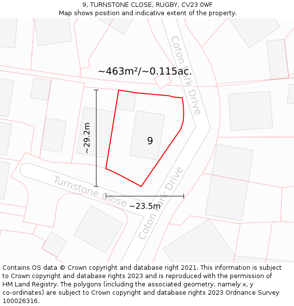 9, TURNSTONE CLOSE, RUGBY, CV23 0WF: Plot and title map