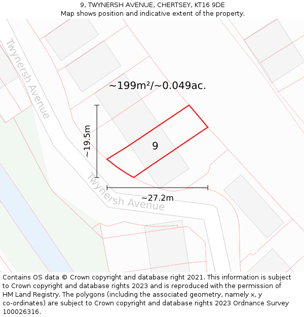 9, TWYNERSH AVENUE, CHERTSEY, KT16 9DE: Plot and title map