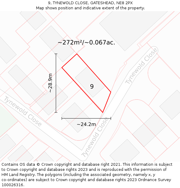 9, TYNEWOLD CLOSE, GATESHEAD, NE8 2PX: Plot and title map