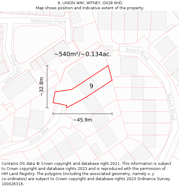 9, UNION WAY, WITNEY, OX28 6HD: Plot and title map