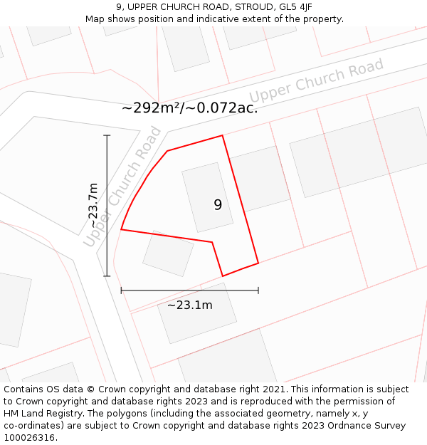 9, UPPER CHURCH ROAD, STROUD, GL5 4JF: Plot and title map