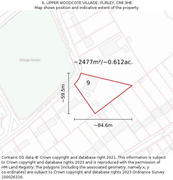 9, UPPER WOODCOTE VILLAGE, PURLEY, CR8 3HE: Plot and title map