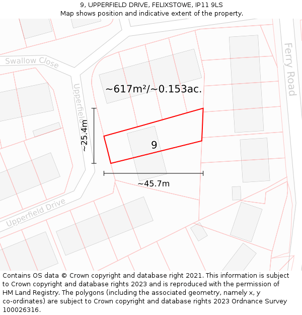 9, UPPERFIELD DRIVE, FELIXSTOWE, IP11 9LS: Plot and title map