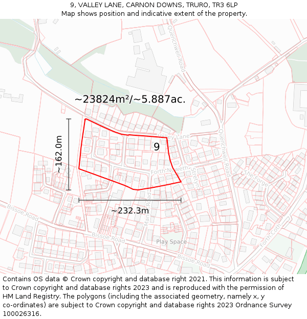 9, VALLEY LANE, CARNON DOWNS, TRURO, TR3 6LP: Plot and title map