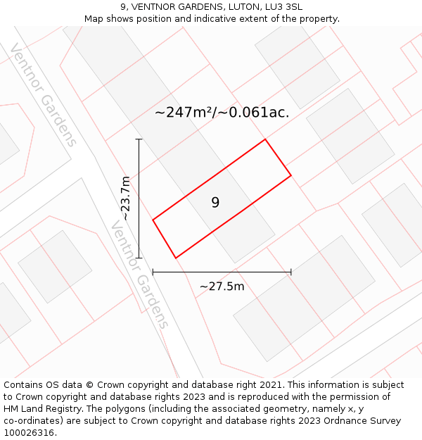 9, VENTNOR GARDENS, LUTON, LU3 3SL: Plot and title map