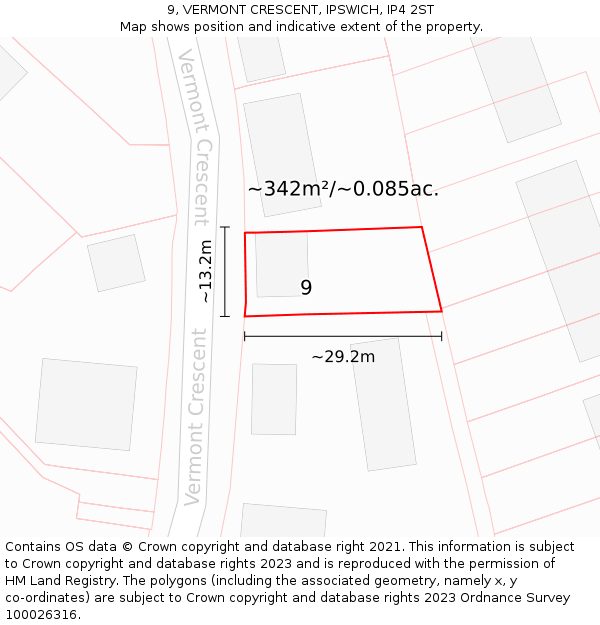 9, VERMONT CRESCENT, IPSWICH, IP4 2ST: Plot and title map