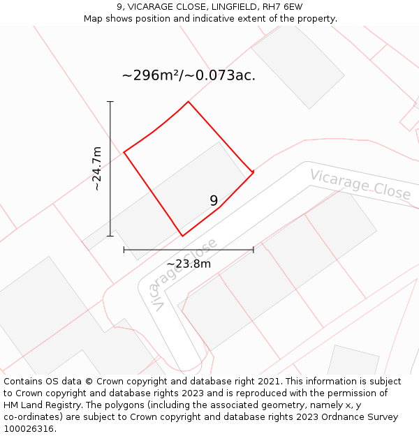 9, VICARAGE CLOSE, LINGFIELD, RH7 6EW: Plot and title map