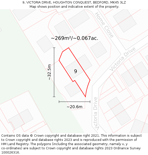 9, VICTORIA DRIVE, HOUGHTON CONQUEST, BEDFORD, MK45 3LZ: Plot and title map