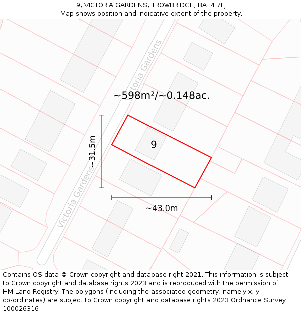 9, VICTORIA GARDENS, TROWBRIDGE, BA14 7LJ: Plot and title map