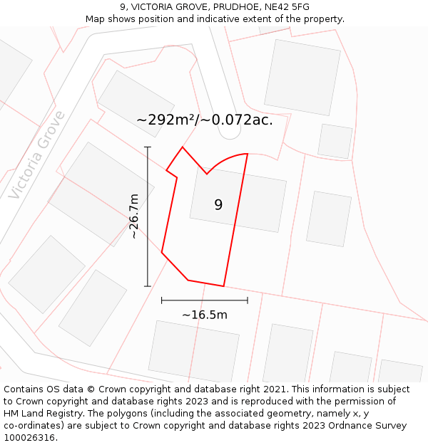 9, VICTORIA GROVE, PRUDHOE, NE42 5FG: Plot and title map