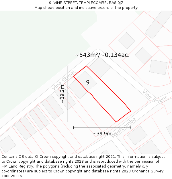 9, VINE STREET, TEMPLECOMBE, BA8 0JZ: Plot and title map