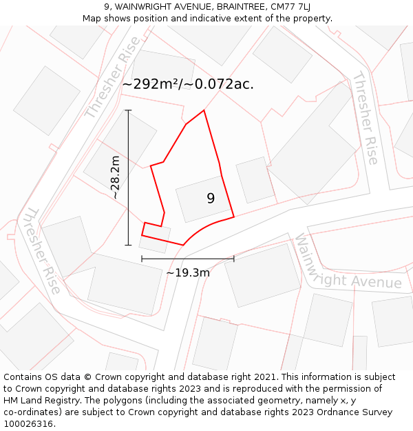 9, WAINWRIGHT AVENUE, BRAINTREE, CM77 7LJ: Plot and title map