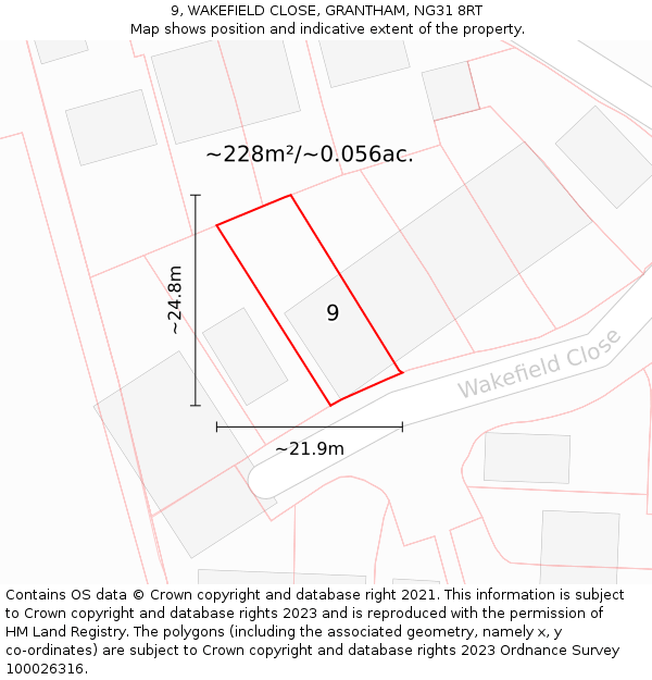 9, WAKEFIELD CLOSE, GRANTHAM, NG31 8RT: Plot and title map