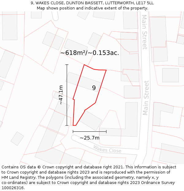 9, WAKES CLOSE, DUNTON BASSETT, LUTTERWORTH, LE17 5LL: Plot and title map