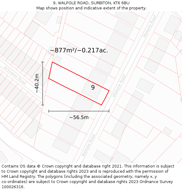 9, WALPOLE ROAD, SURBITON, KT6 6BU: Plot and title map