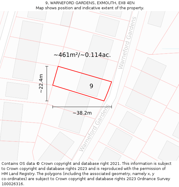 9, WARNEFORD GARDENS, EXMOUTH, EX8 4EN: Plot and title map