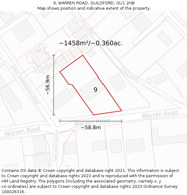 9, WARREN ROAD, GUILDFORD, GU1 2HB: Plot and title map