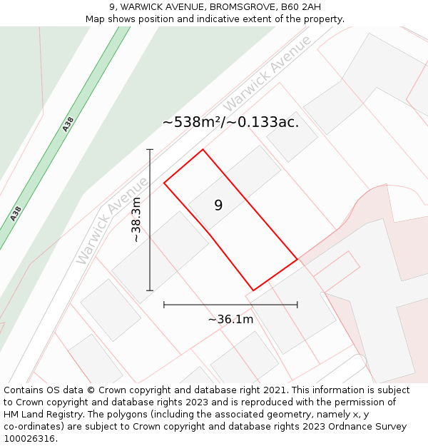 9, WARWICK AVENUE, BROMSGROVE, B60 2AH: Plot and title map