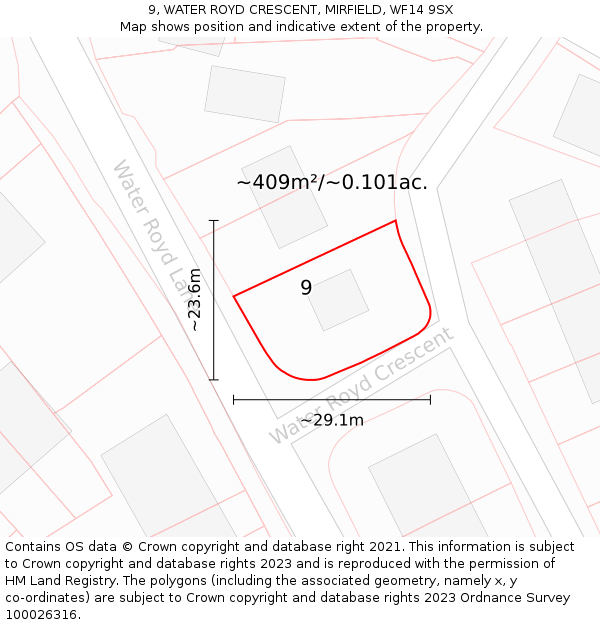 9, WATER ROYD CRESCENT, MIRFIELD, WF14 9SX: Plot and title map
