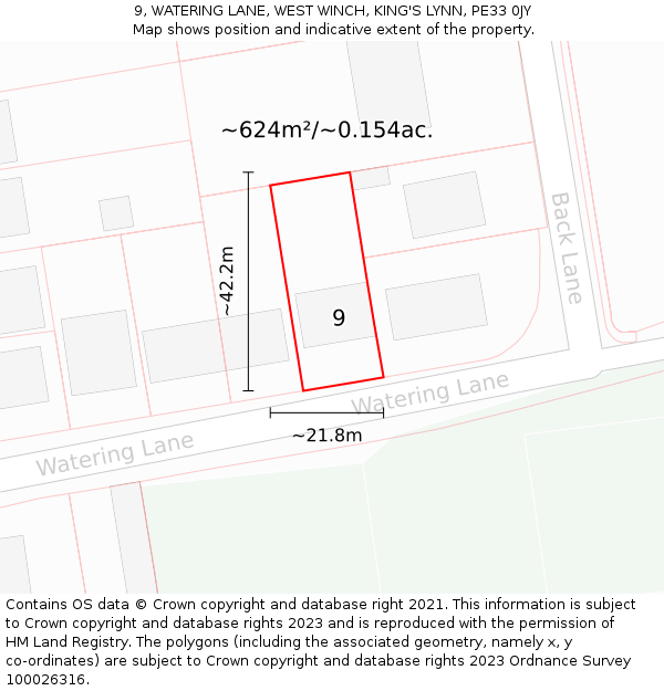 9, WATERING LANE, WEST WINCH, KING'S LYNN, PE33 0JY: Plot and title map