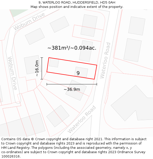 9, WATERLOO ROAD, HUDDERSFIELD, HD5 0AH: Plot and title map