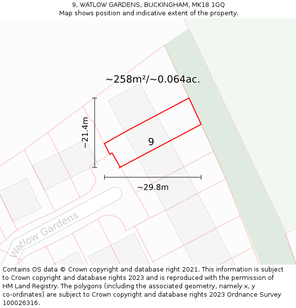 9, WATLOW GARDENS, BUCKINGHAM, MK18 1GQ: Plot and title map