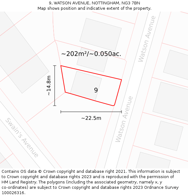 9, WATSON AVENUE, NOTTINGHAM, NG3 7BN: Plot and title map