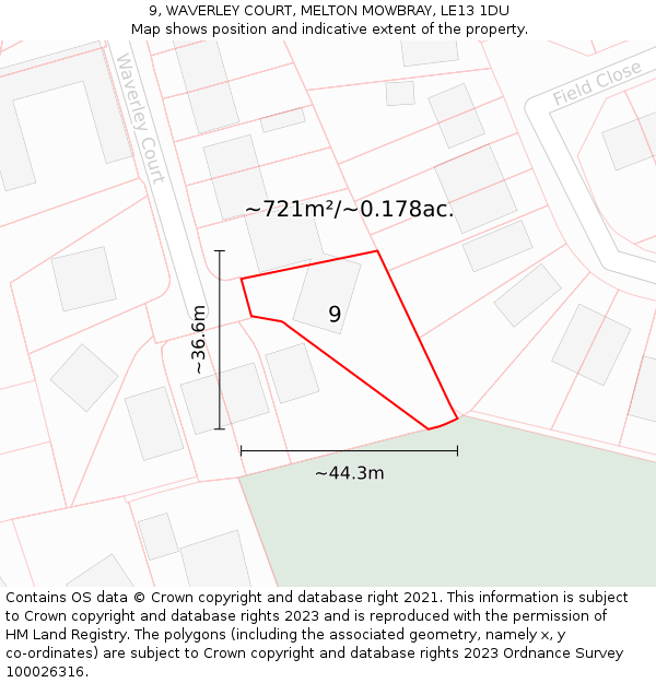 9, WAVERLEY COURT, MELTON MOWBRAY, LE13 1DU: Plot and title map