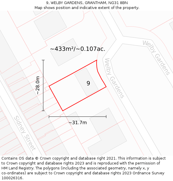 9, WELBY GARDENS, GRANTHAM, NG31 8BN: Plot and title map