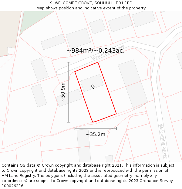 9, WELCOMBE GROVE, SOLIHULL, B91 1PD: Plot and title map